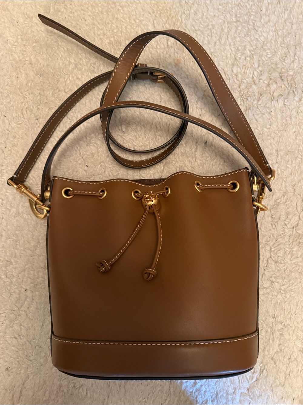 Tory Burch Brown Leather Bucket Bag with Drawstring